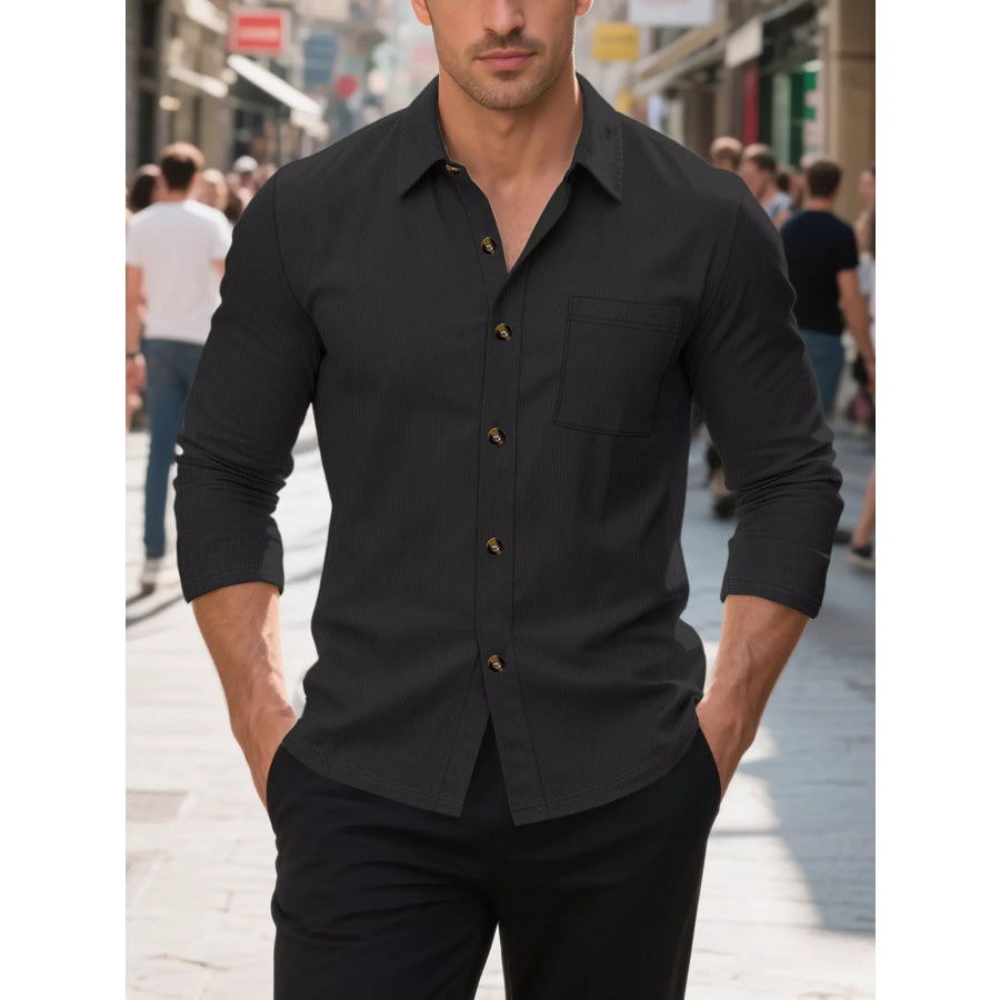 Men’s Full Size Casual Button Up Long Sleeve Shirt Plus Size Black / S Apparel and Accessories