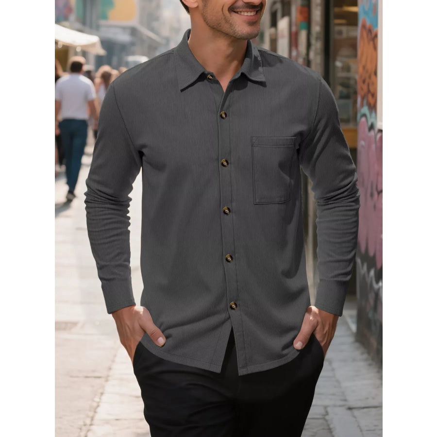 Men’s Full Size Casual Button Up Long Sleeve Shirt Plus Size Grey / S Apparel and Accessories