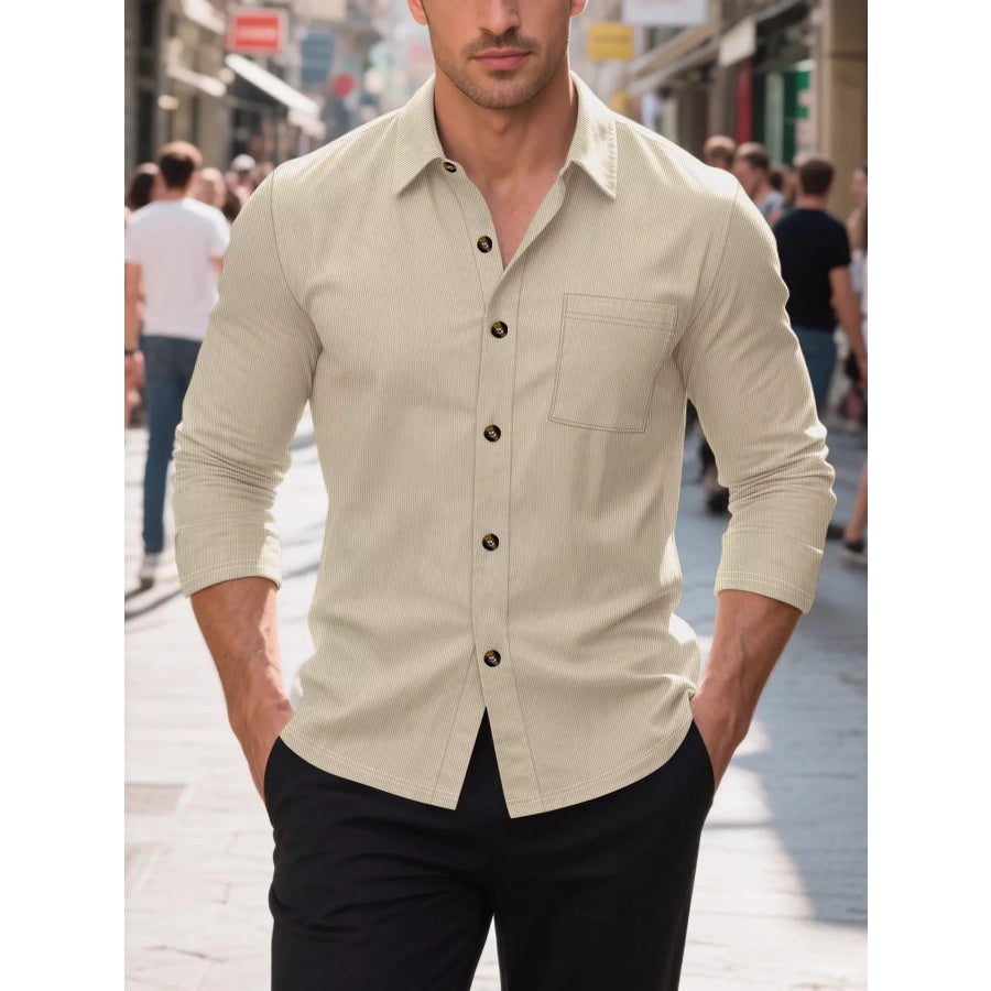 Men’s Full Size Casual Button Up Long Sleeve Shirt Plus Size Khaki / S Apparel and Accessories