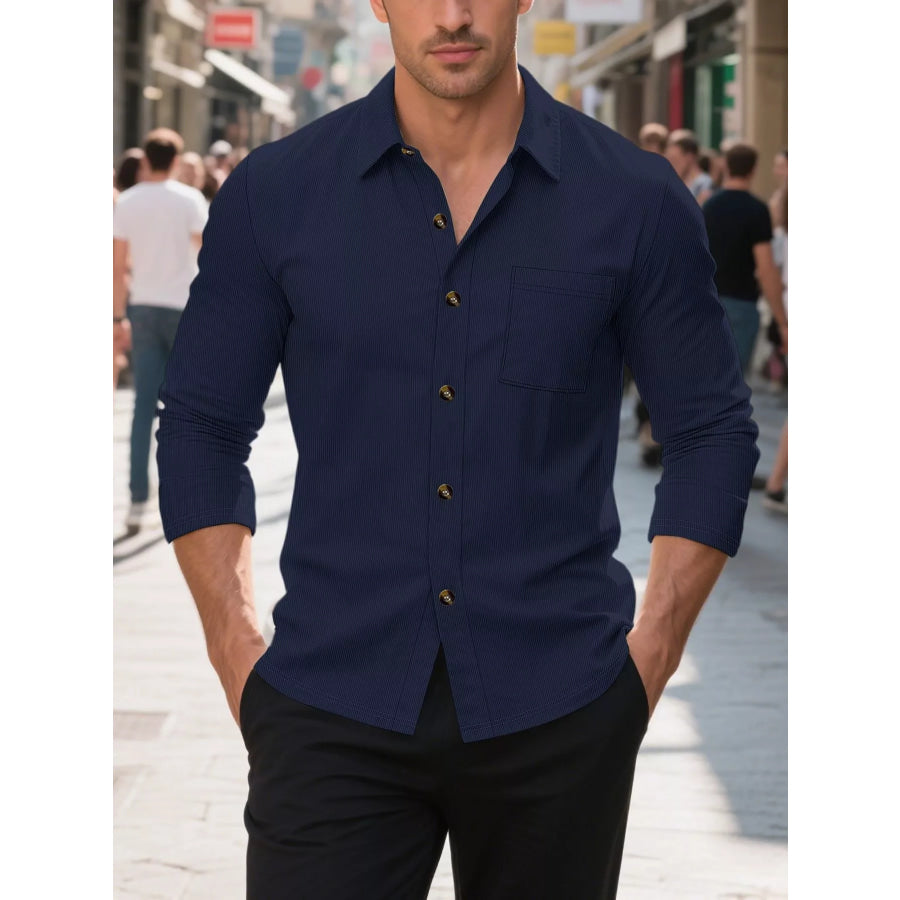 Men’s Full Size Casual Button Up Long Sleeve Shirt Plus Size Navy Blue / S Apparel and Accessories
