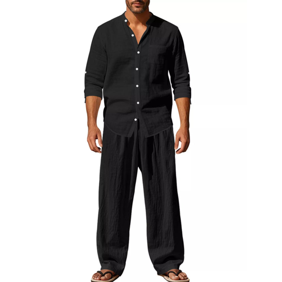 Men’s Full Size Casual Button Up Shirt and Pants Plus Size Black / S Apparel and Accessories