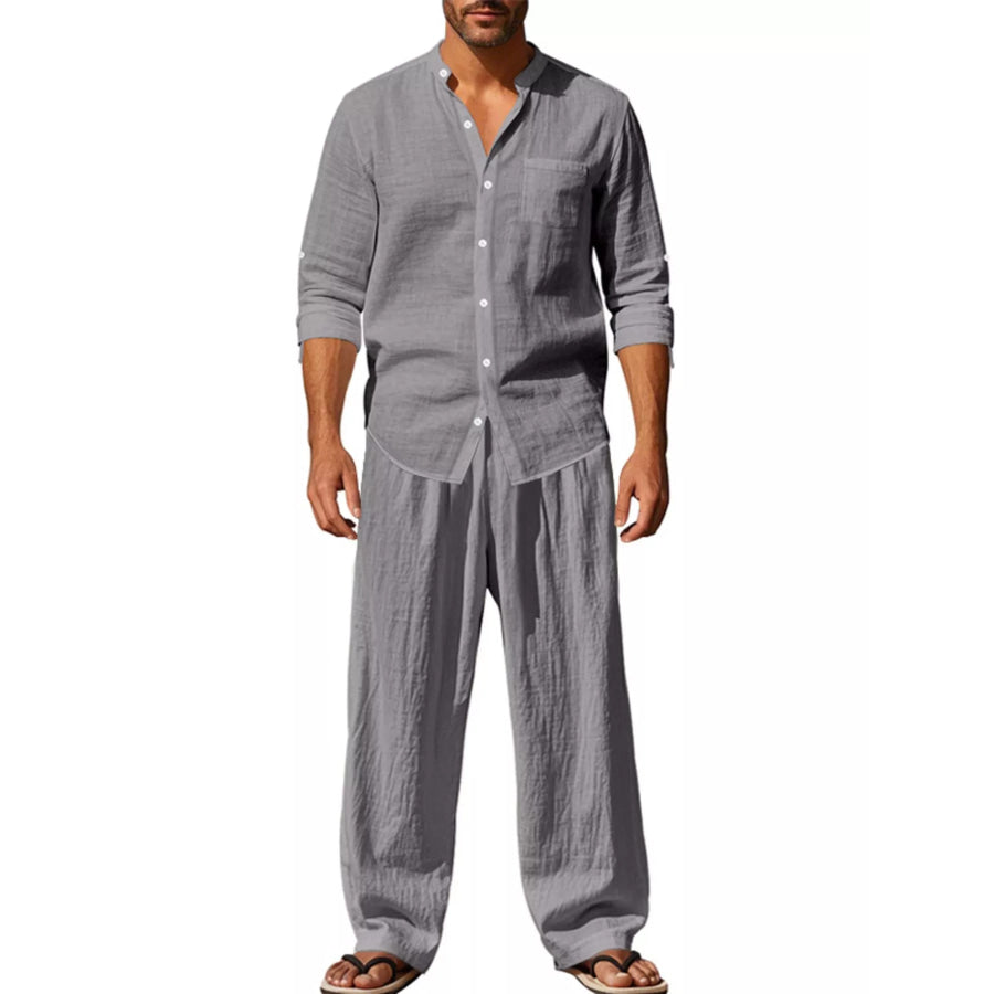 Men’s Full Size Casual Button Up Shirt and Pants Plus Size Gray / S Apparel and Accessories