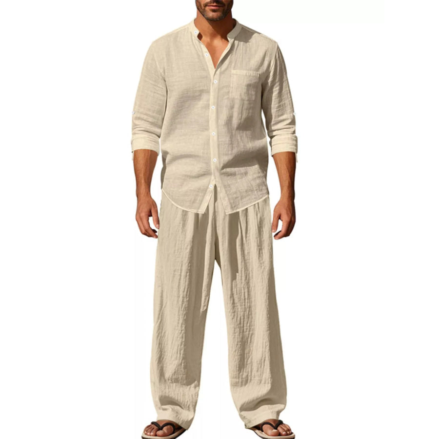 Men’s Full Size Casual Button Up Shirt and Pants Plus Size Khaki / S Apparel and Accessories