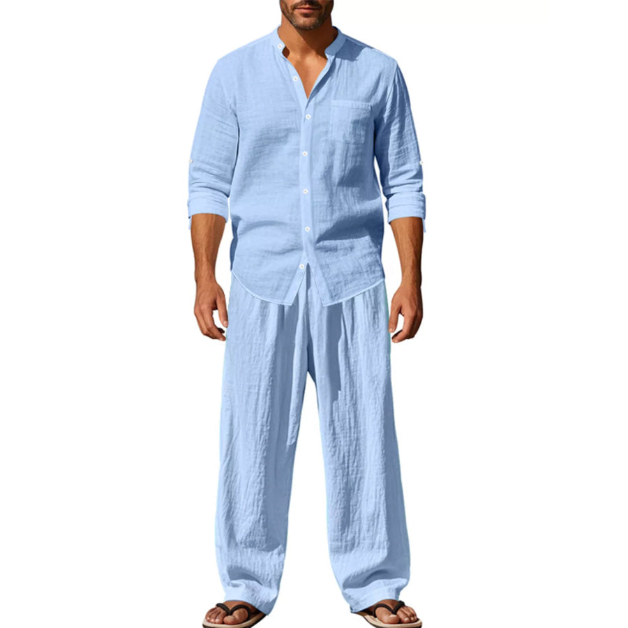 Men’s Full Size Casual Button Up Shirt and Pants Plus Size Light Blue / S Apparel and Accessories