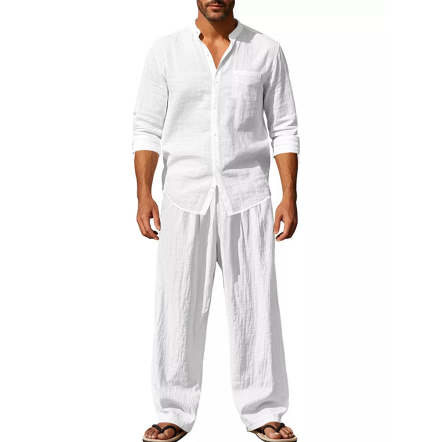 Men’s Full Size Casual Button Up Shirt and Pants Plus Size White / S Apparel and Accessories