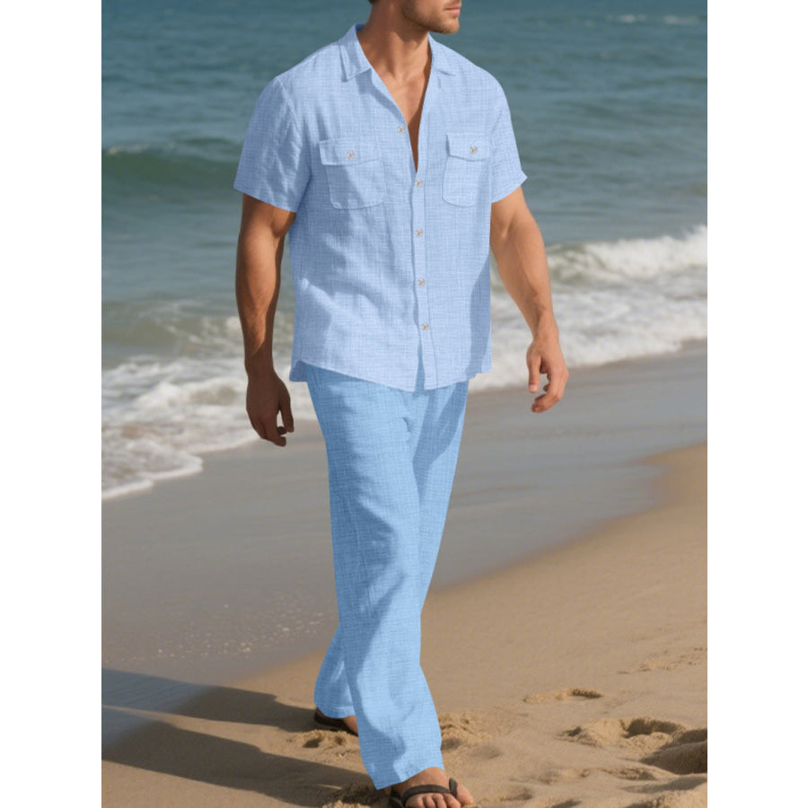 Men’s Full Size Casual Button Up Shirt and Pants Set Plus Size Apparel and Accessories