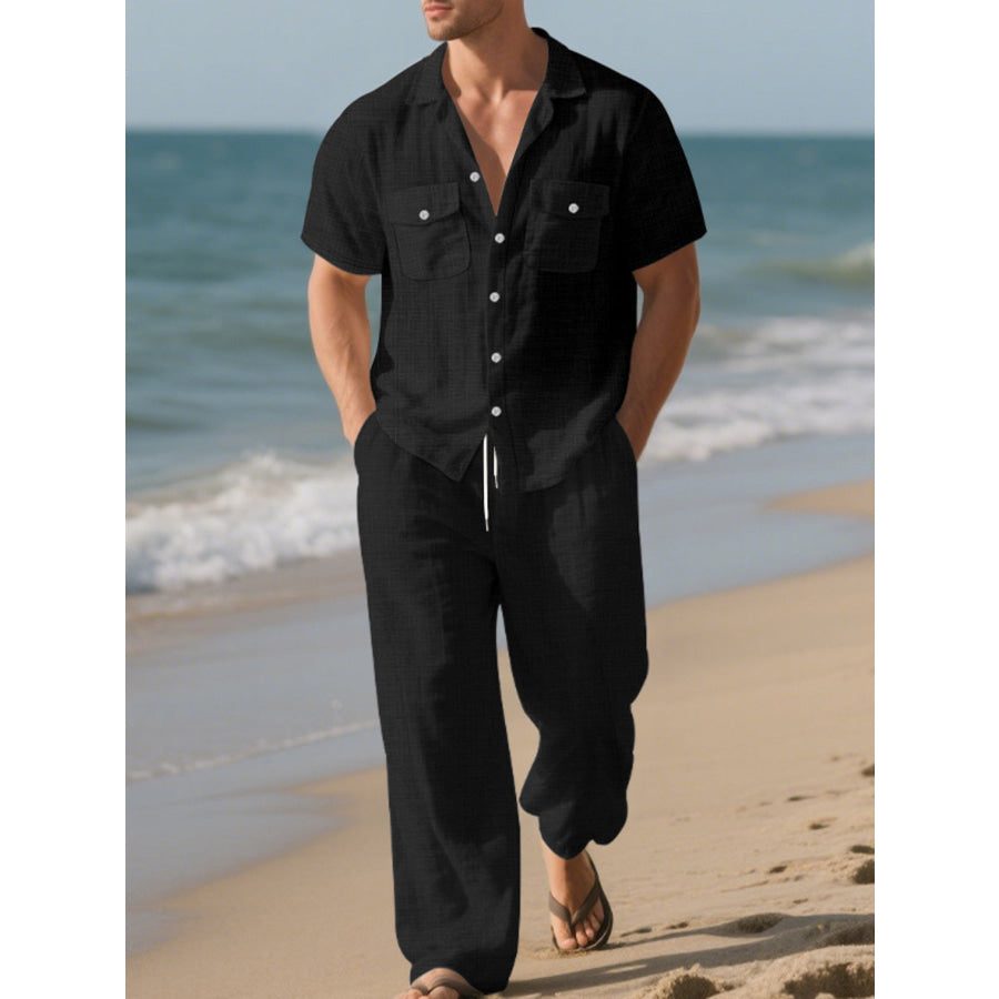 Men’s Full Size Casual Button Up Shirt and Pants Set Plus Size Black / S Apparel and Accessories