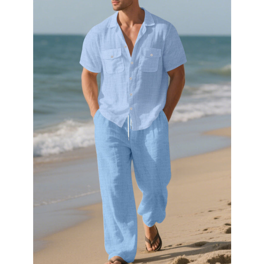 Men’s Full Size Casual Button Up Shirt and Pants Set Plus Size Light Blue / S Apparel and Accessories