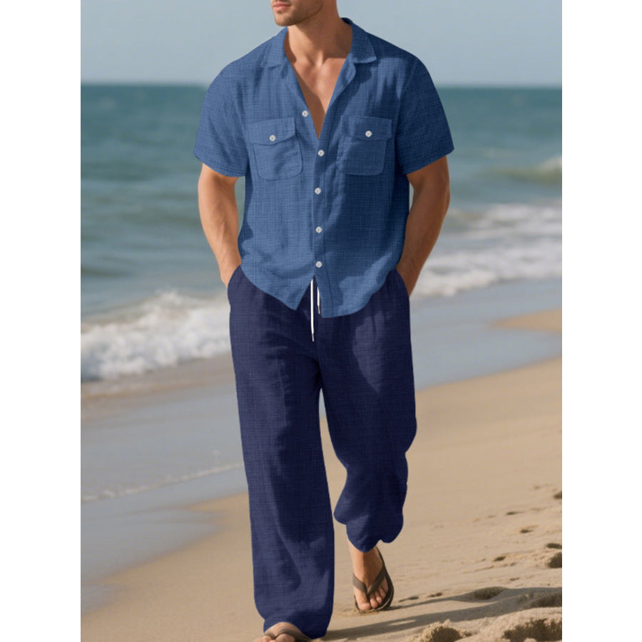Men’s Full Size Casual Button Up Shirt and Pants Set Plus Size Navy Blue / S Apparel and Accessories