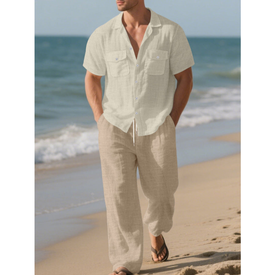 Men’s Full Size Casual Button Up Shirt and Pants Set Plus Size Tan / S Apparel and Accessories