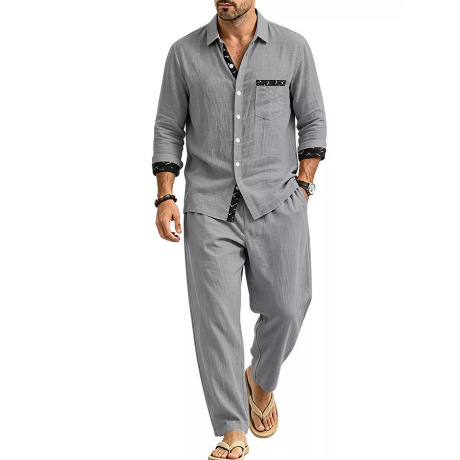 Men’s Full Size Casual Button Up Shirt and Pants Two-Piece Set Plus Size Gray / S Apparel and Accessories