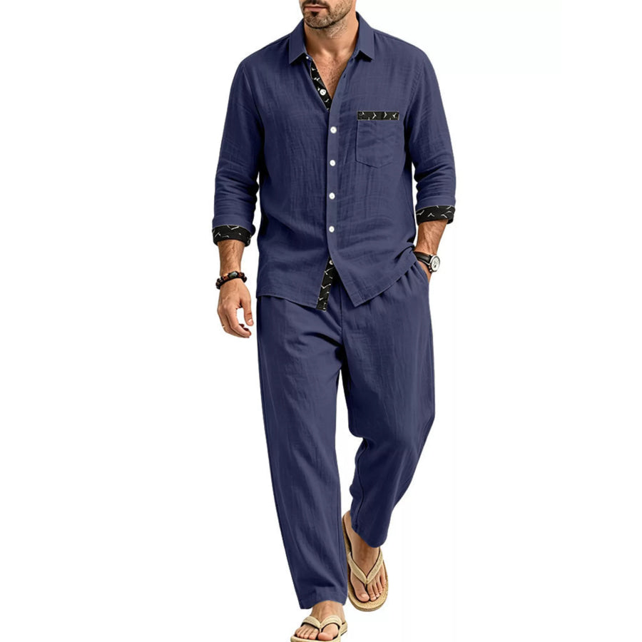 Men’s Full Size Casual Button Up Shirt and Pants Two-Piece Set Plus Size Navy / S Apparel and Accessories