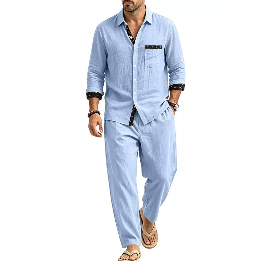 Men’s Full Size Casual Button Up Shirt and Pants Two-Piece Set Plus Size Pastel Blue / S Apparel and Accessories