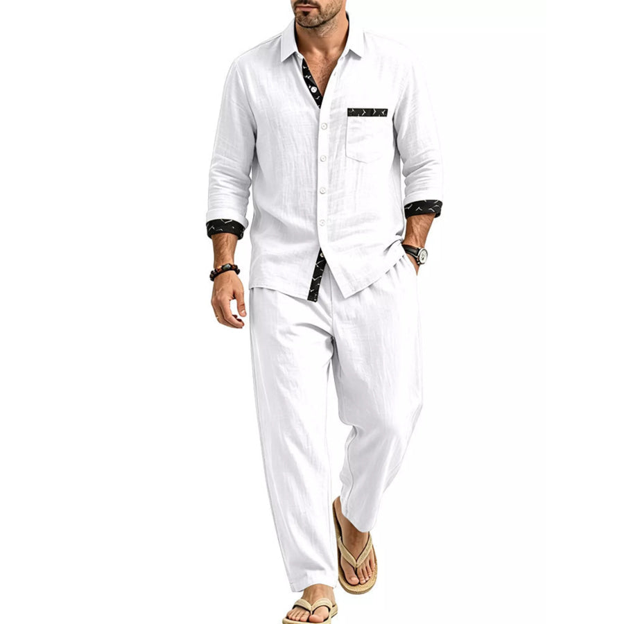 Men’s Full Size Casual Button Up Shirt and Pants Two-Piece Set Plus Size White / S Apparel and Accessories