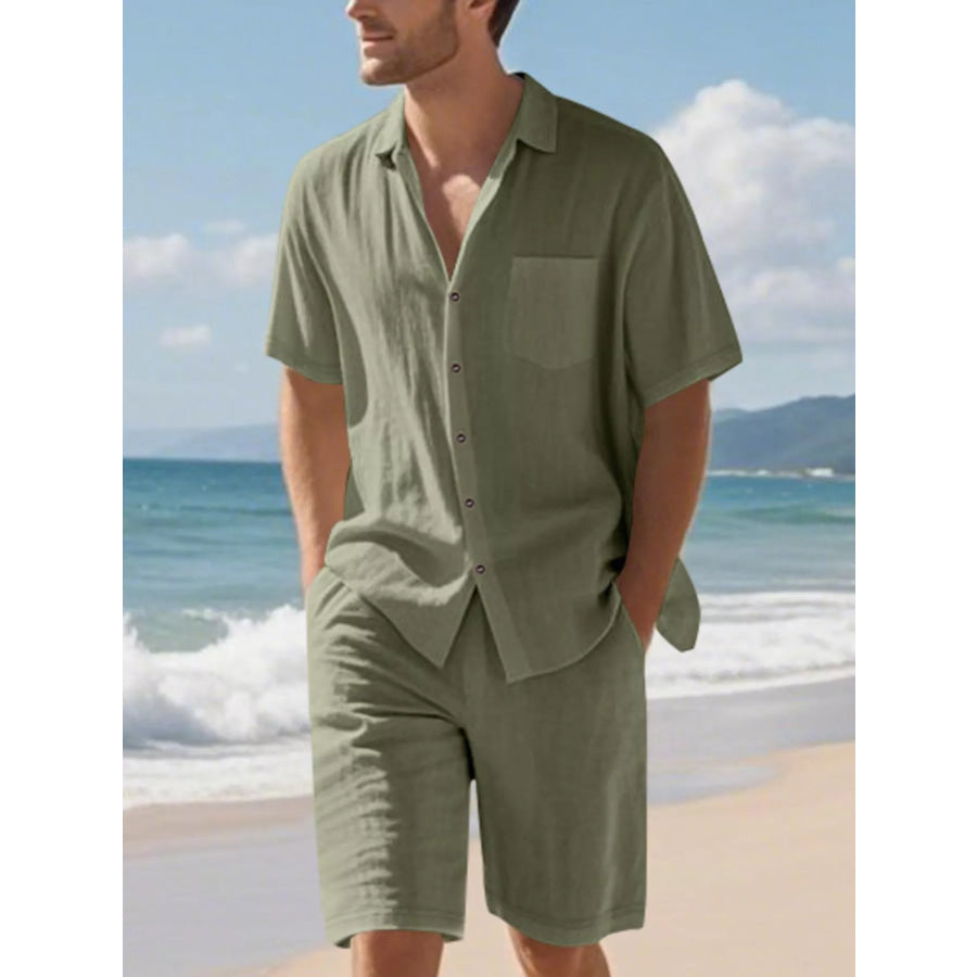 Men’s Full Size Casual Button Up Shirt and Shorts Set Plus Size Army Green / S Apparel and Accessories