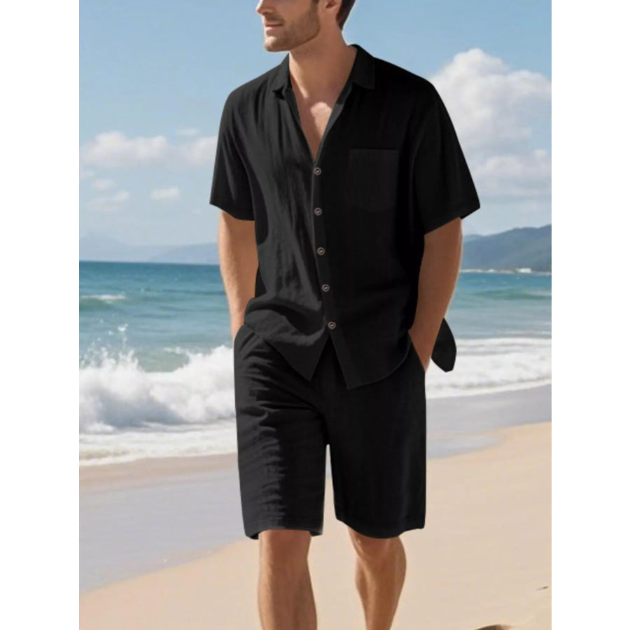Men’s Full Size Casual Button Up Shirt and Shorts Set Plus Size Black / S Apparel and Accessories
