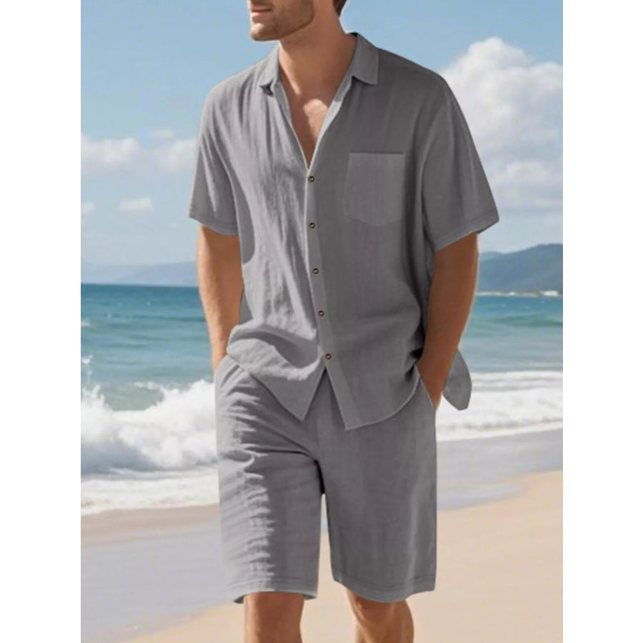 Men’s Full Size Casual Button Up Shirt and Shorts Set Plus Size Grey / S Apparel and Accessories