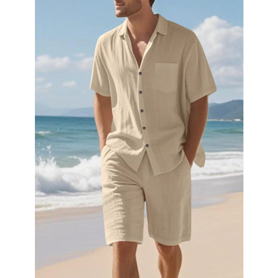 Men’s Full Size Casual Button Up Shirt and Shorts Set Plus Size Khaki / S Apparel and Accessories