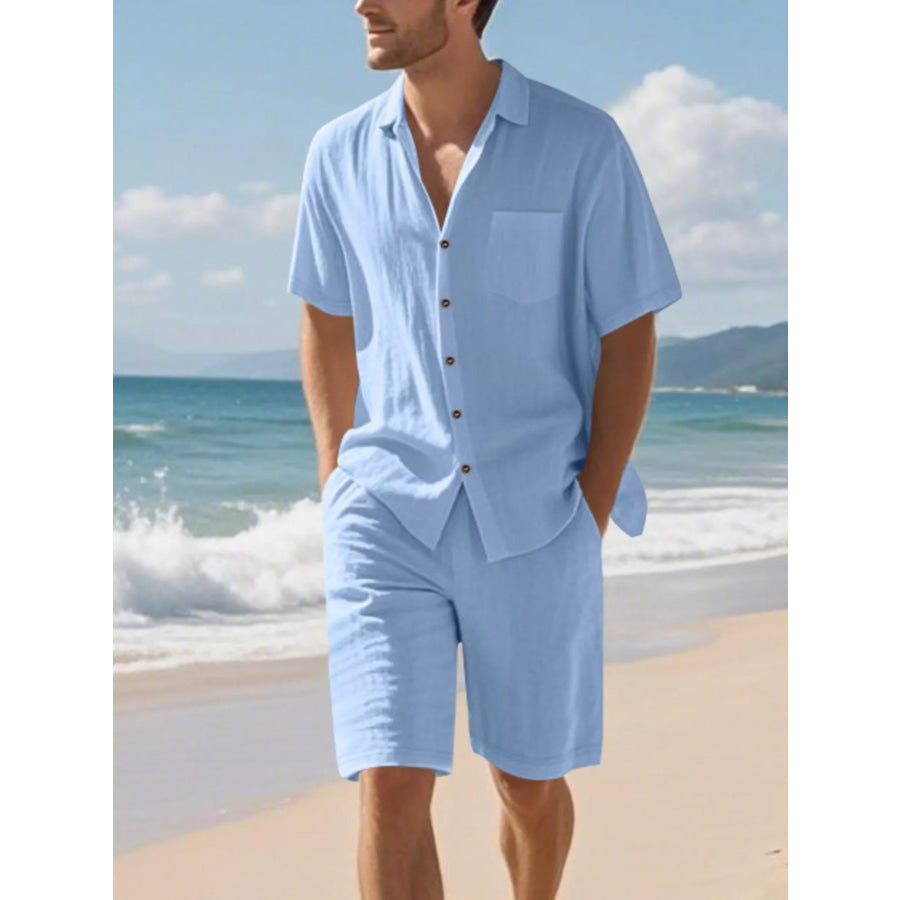 Men’s Full Size Casual Button Up Shirt and Shorts Set Plus Size Light Blue / S Apparel and Accessories