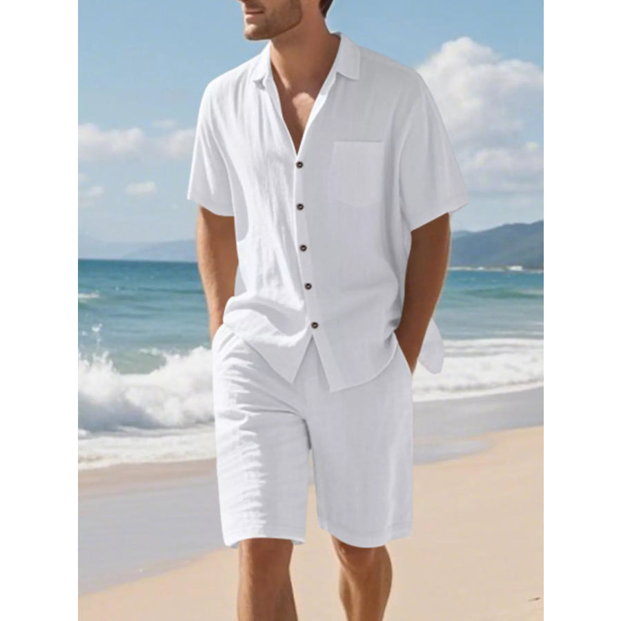Men’s Full Size Casual Button Up Shirt and Shorts Set Plus Size White / S Apparel and Accessories
