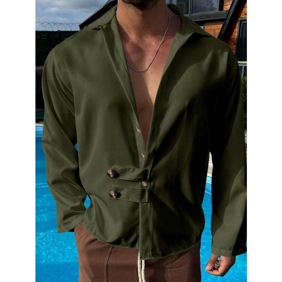 Men’s Full Size Casual Button-Up Shirt Plus Size Military Green / S Apparel and Accessories