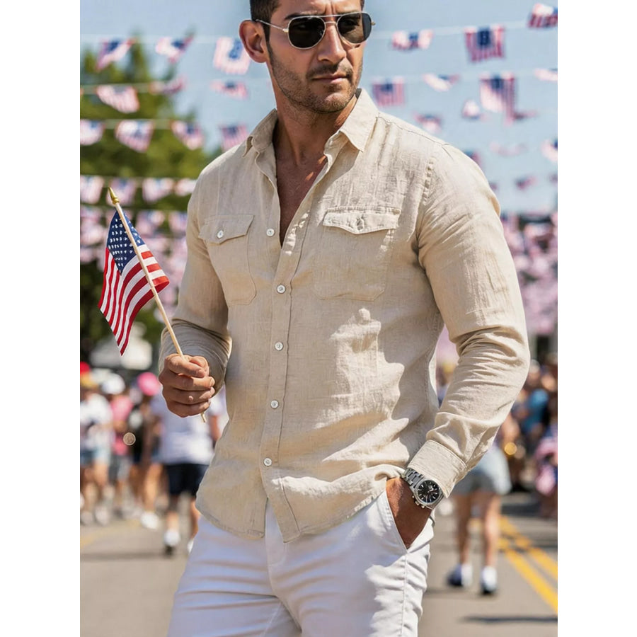 Men’s Full Size Casual Button Up Shirt with Chest Pockets Plus Size Apricot / S Apparel and Accessories