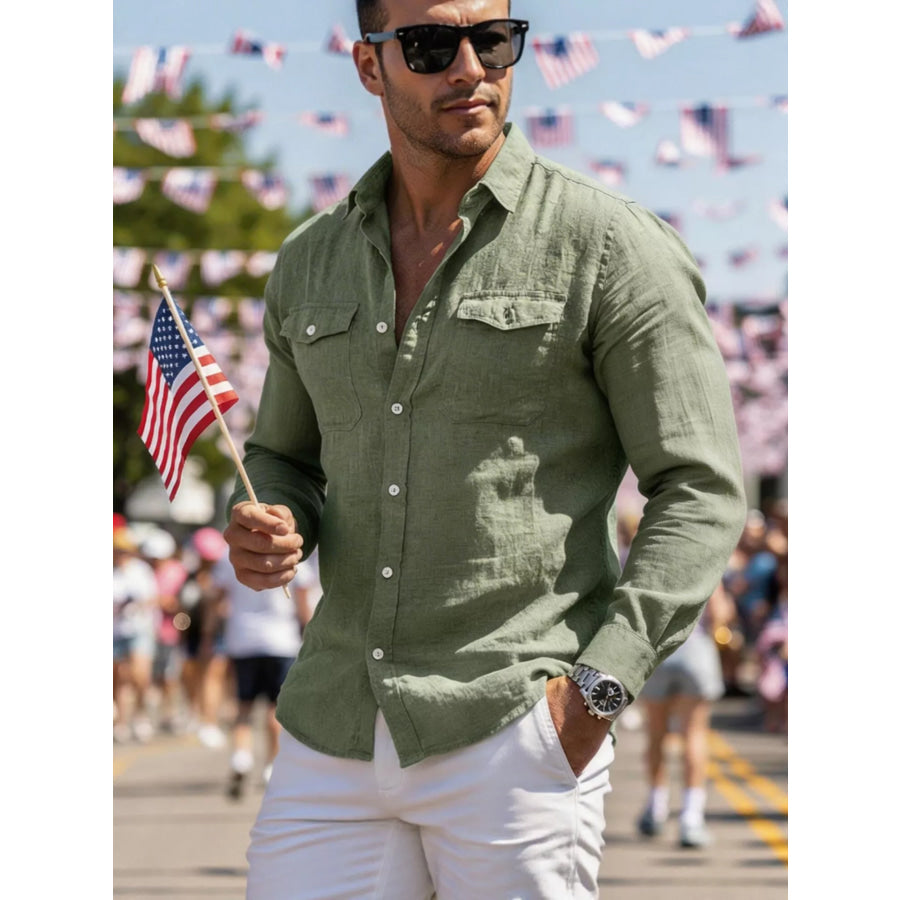 Men’s Full Size Casual Button Up Shirt with Chest Pockets Plus Size Army Green / S Apparel and Accessories