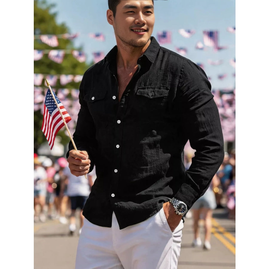 Men’s Full Size Casual Button Up Shirt with Chest Pockets Plus Size Black / S Apparel and Accessories