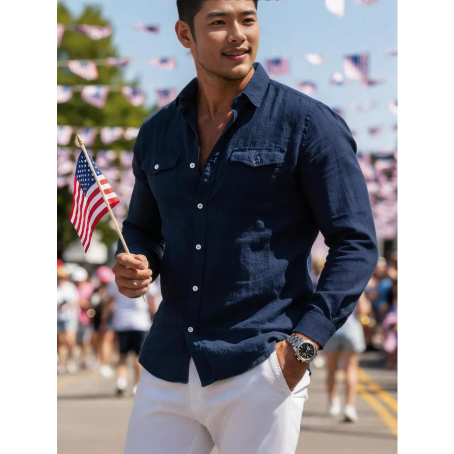 Men’s Full Size Casual Button Up Shirt with Chest Pockets Plus Size Navy Blue / S Apparel and Accessories