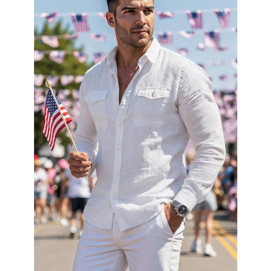 Men’s Full Size Casual Button Up Shirt with Chest Pockets Plus Size White / S Apparel and Accessories