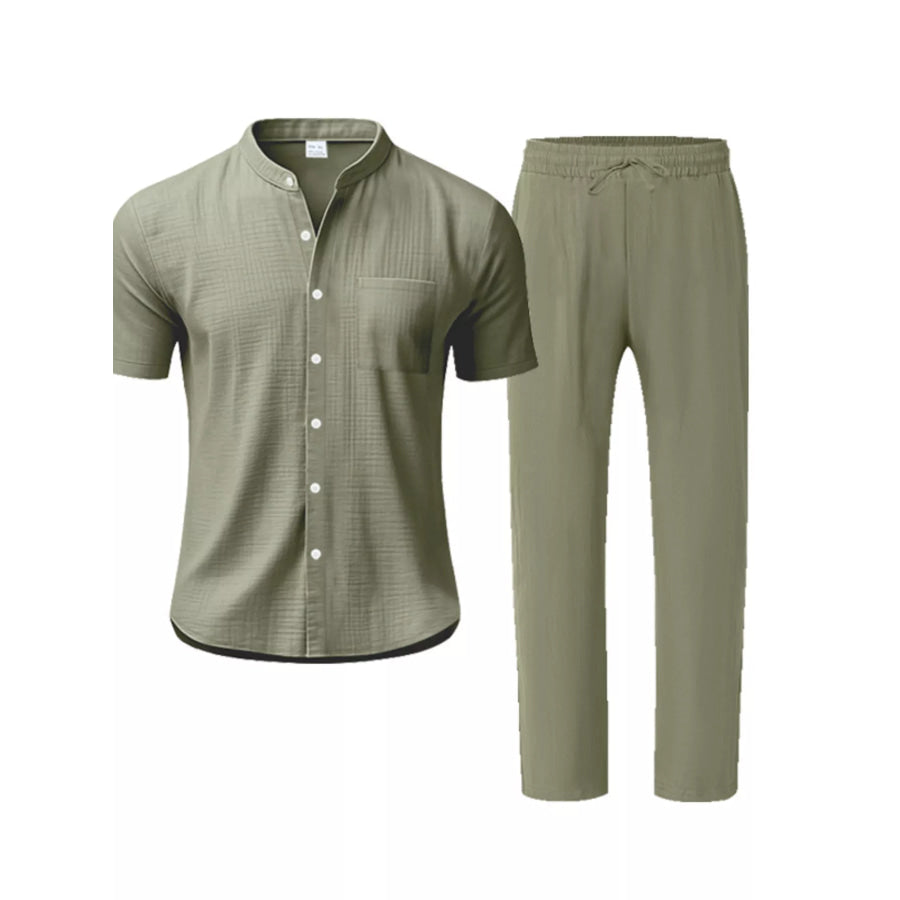Men’s Full Size Casual Button Up Short Sleeve Shirt and Pants Set Plus Size Army Green / S Apparel and Accessories