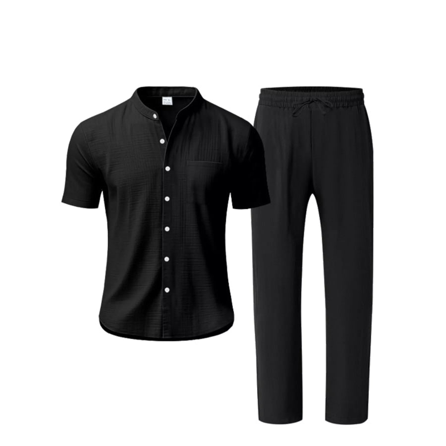 Men’s Full Size Casual Button Up Short Sleeve Shirt and Pants Set Plus Size Black / S Apparel and Accessories