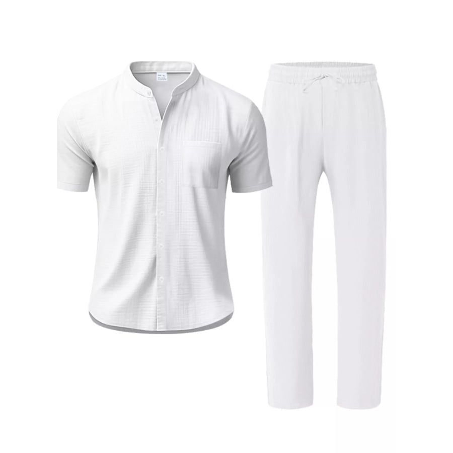 Men’s Full Size Casual Button Up Short Sleeve Shirt and Pants Set Plus Size Gray/white / S Apparel and Accessories