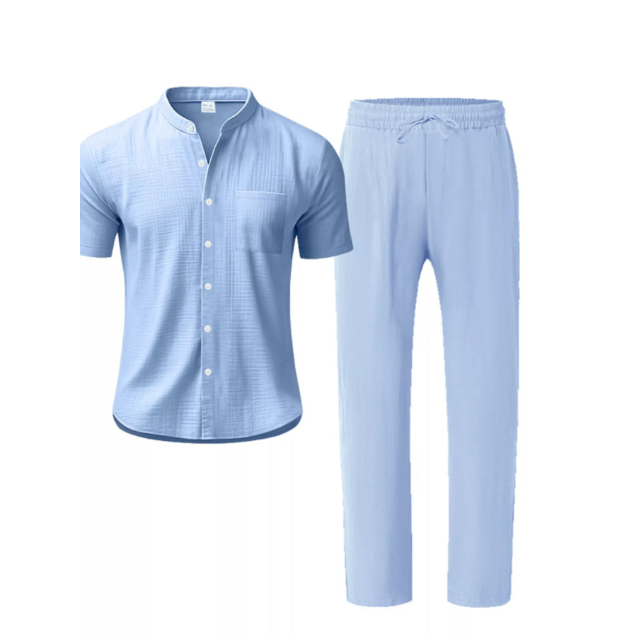Men’s Full Size Casual Button Up Short Sleeve Shirt and Pants Set Plus Size Light Blue / S Apparel and Accessories