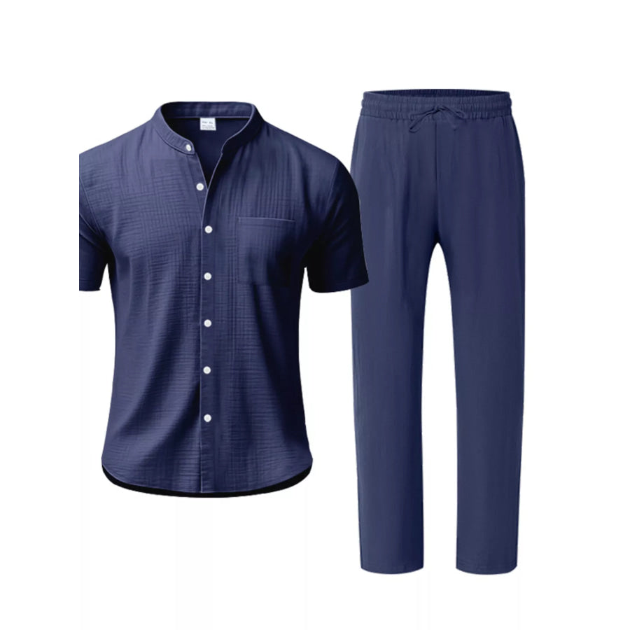 Men’s Full Size Casual Button Up Short Sleeve Shirt and Pants Set Plus Size Navy / S Apparel and Accessories