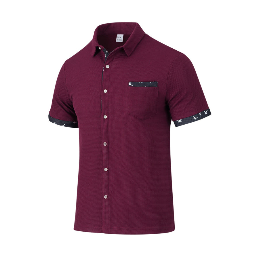 Men’s Full Size Casual Button Up Short Sleeve Shirt Plus Size Burgundy / S Apparel and Accessories