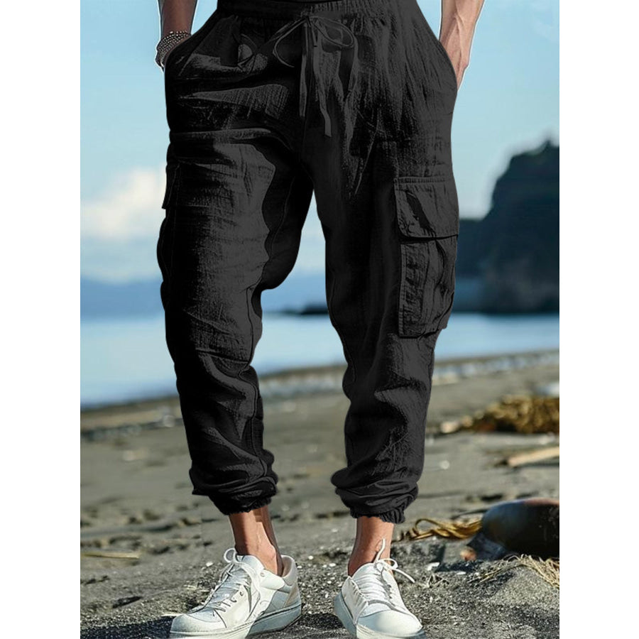 Men’s Full Size Casual Cargo Pants with Drawstring Waist Plus Size Black / S Apparel and Accessories