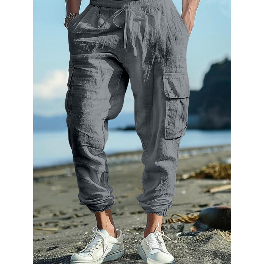Men’s Full Size Casual Cargo Pants with Drawstring Waist Plus Size Gray / S Apparel and Accessories