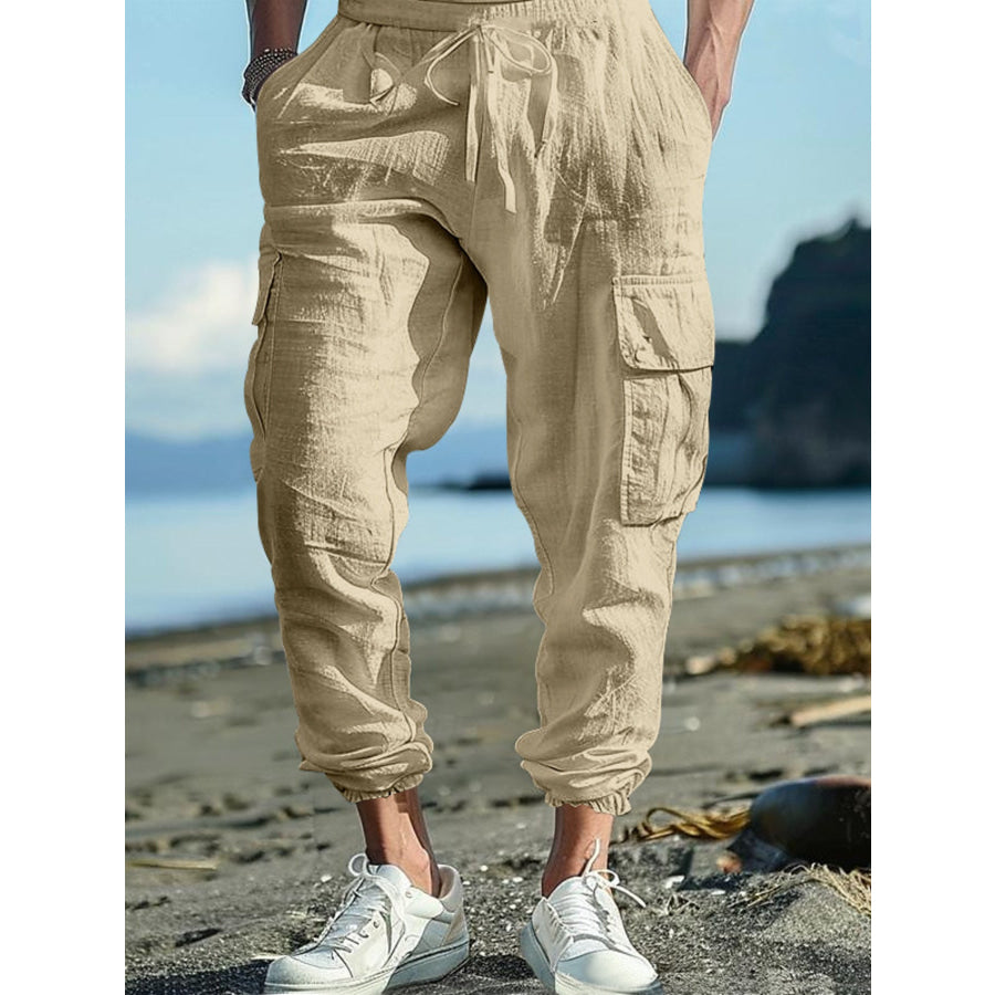 Men’s Full Size Casual Cargo Pants with Drawstring Waist Plus Size Khaki / S Apparel and Accessories