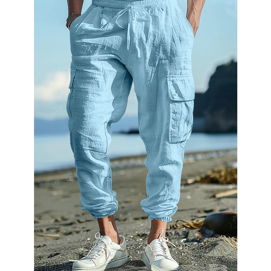 Men’s Full Size Casual Cargo Pants with Drawstring Waist Plus Size Light Blue / S Apparel and Accessories