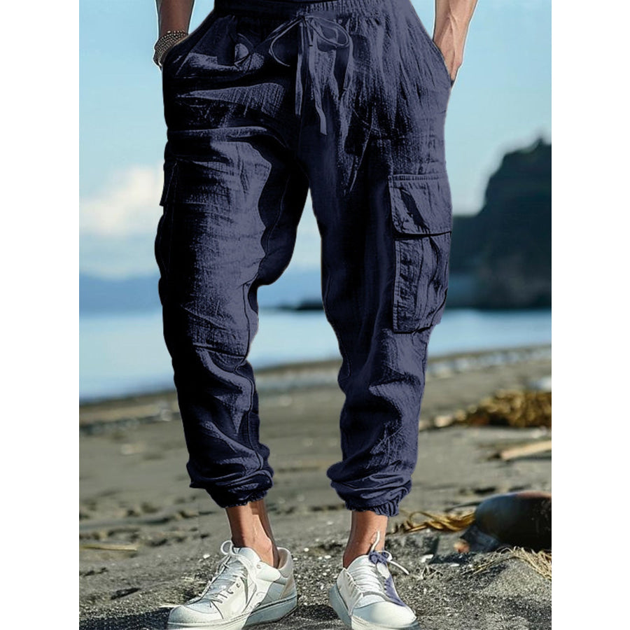 Men’s Full Size Casual Cargo Pants with Drawstring Waist Plus Size Navy Blue / S Apparel and Accessories