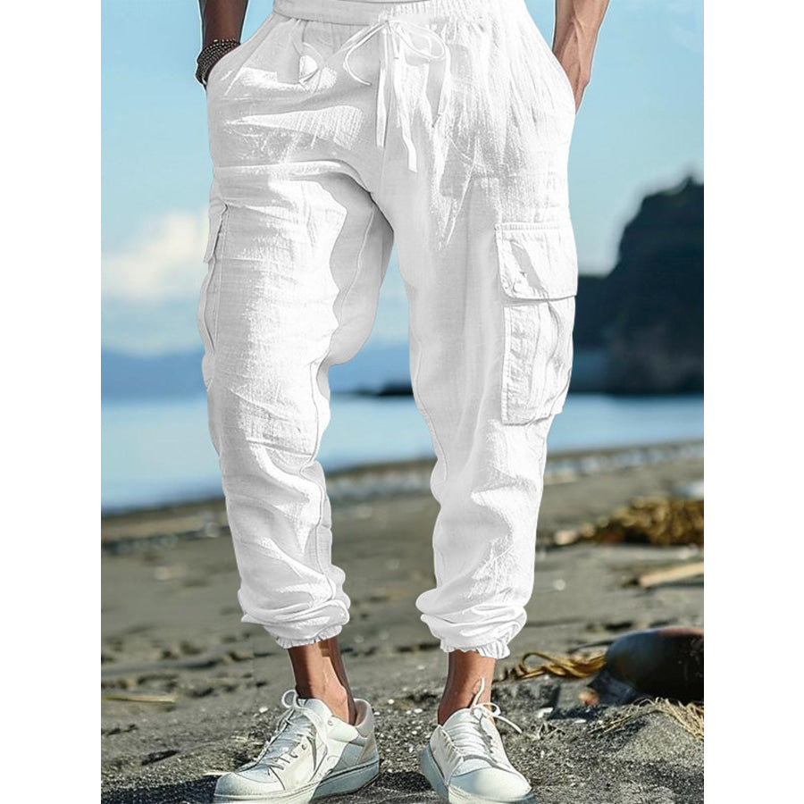 Men’s Full Size Casual Cargo Pants with Drawstring Waist Plus Size White / S Apparel and Accessories
