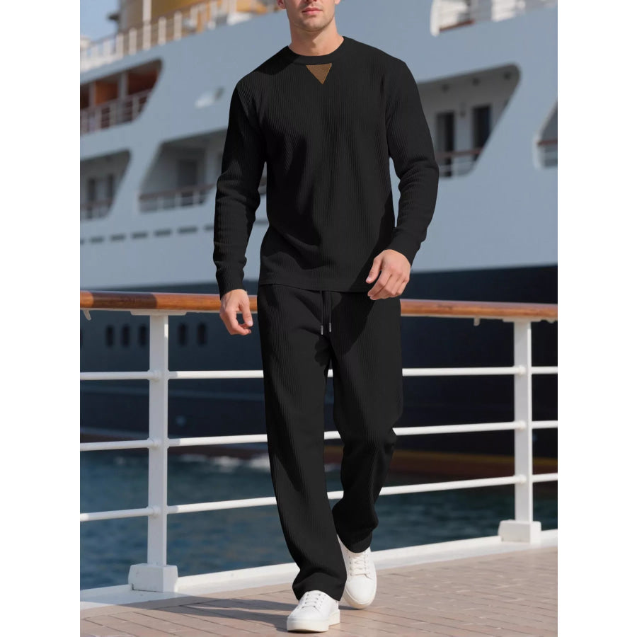 Men’s Full Size Casual Crewneck Long Sleeve Sweatshirt and Jogger Set Plus Black / S Apparel Accessories