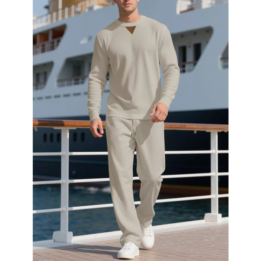 Men’s Full Size Casual Crewneck Long Sleeve Sweatshirt and Jogger Set Plus Khaki / S Apparel Accessories