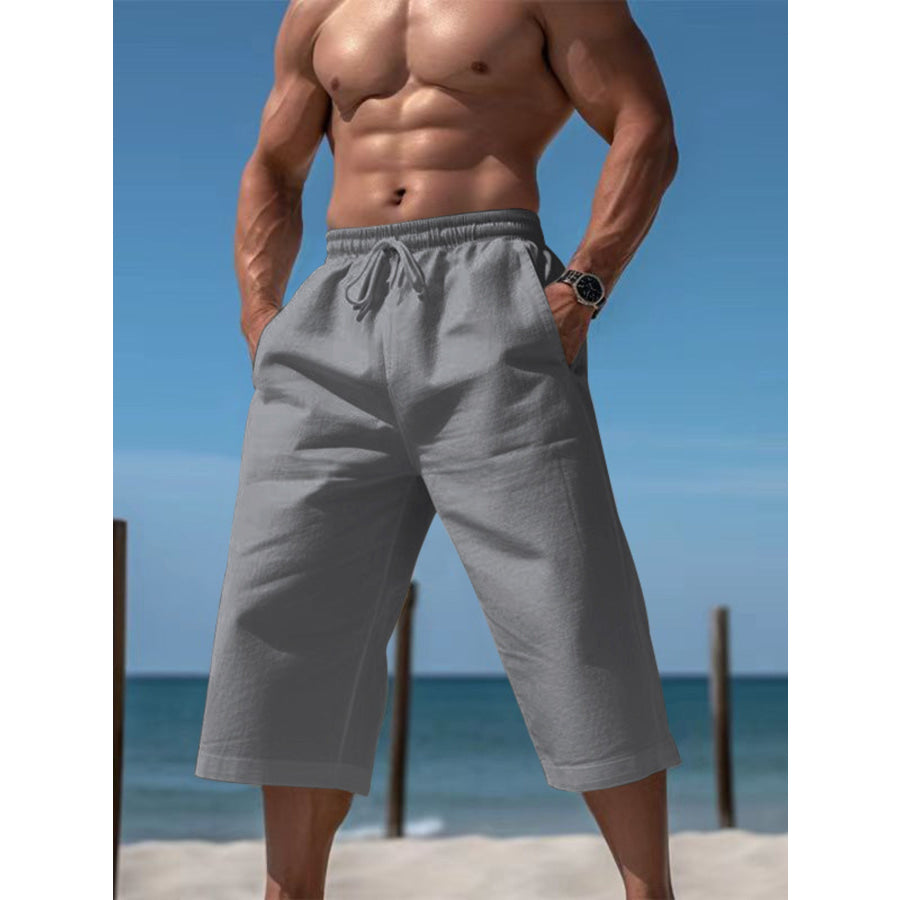 Men’s Full Size Casual Drawstring Cropped Pants Plus Size Grey / S Apparel and Accessories