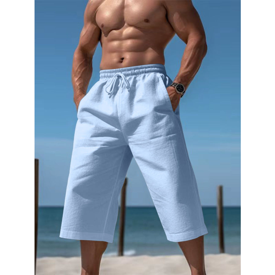 Men’s Full Size Casual Drawstring Cropped Pants Plus Size Light Blue / S Apparel and Accessories