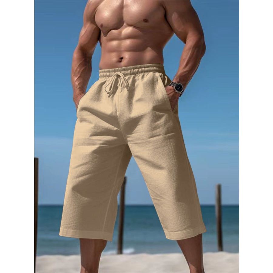 Men’s Full Size Casual Drawstring Cropped Pants Plus Size Light Khaki / S Apparel and Accessories
