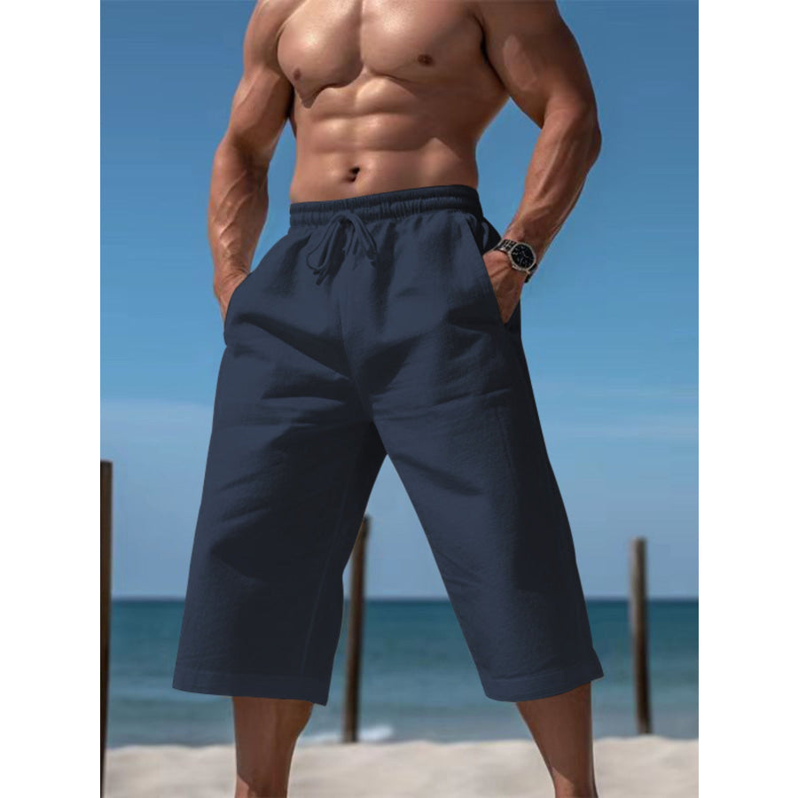 Men’s Full Size Casual Drawstring Cropped Pants Plus Size Navy / S Apparel and Accessories