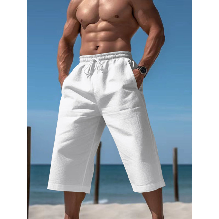 Men’s Full Size Casual Drawstring Cropped Pants Plus Size White / S Apparel and Accessories