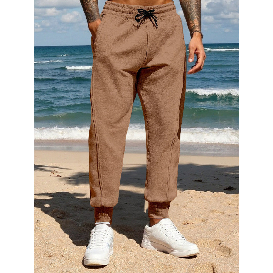 Men’s Full Size Casual Drawstring Joggers Plus Size Brown / S Apparel and Accessories